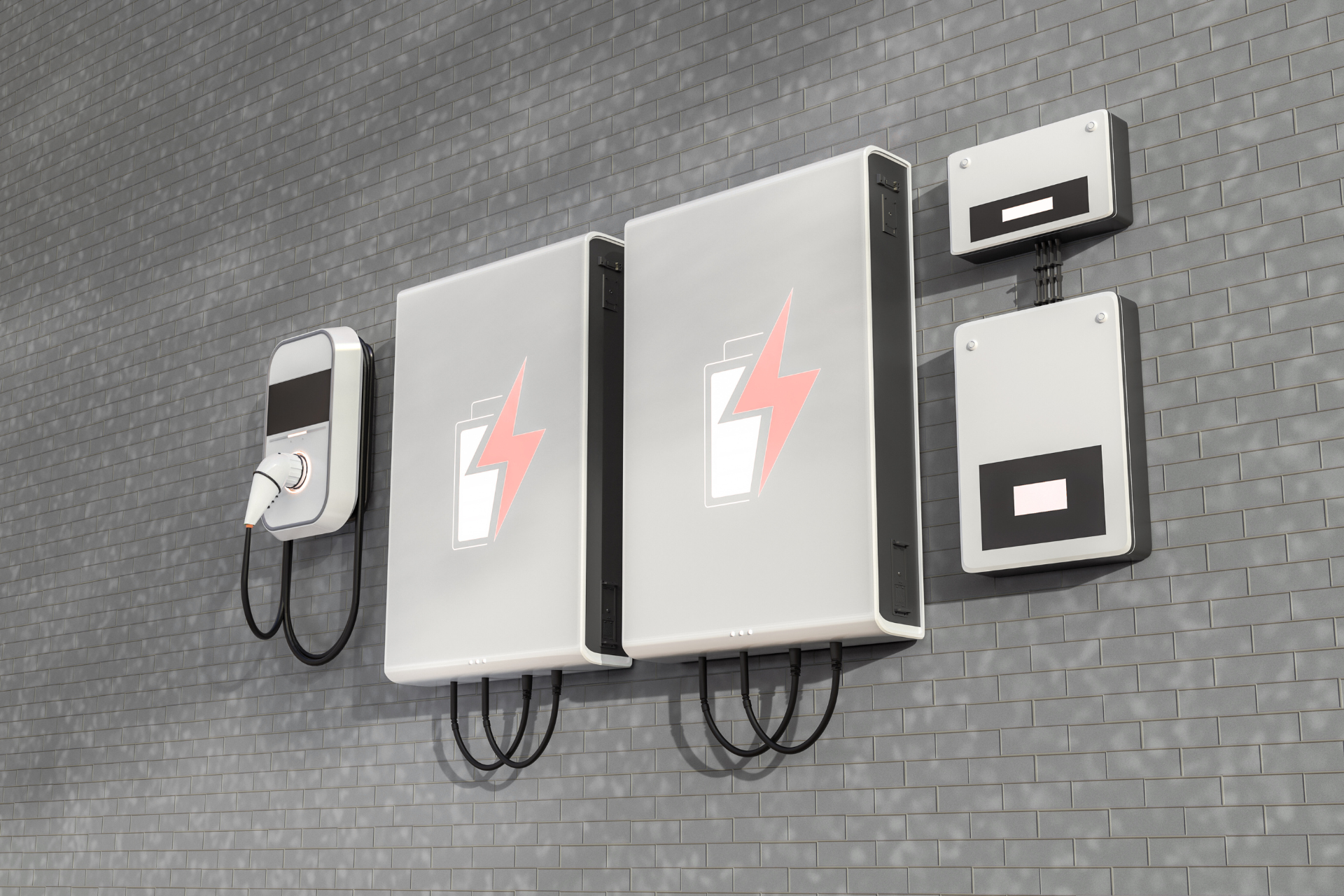 "Electric vehicle charging station with battery storage units on a wall, featuring modern design and energy-efficient technology."