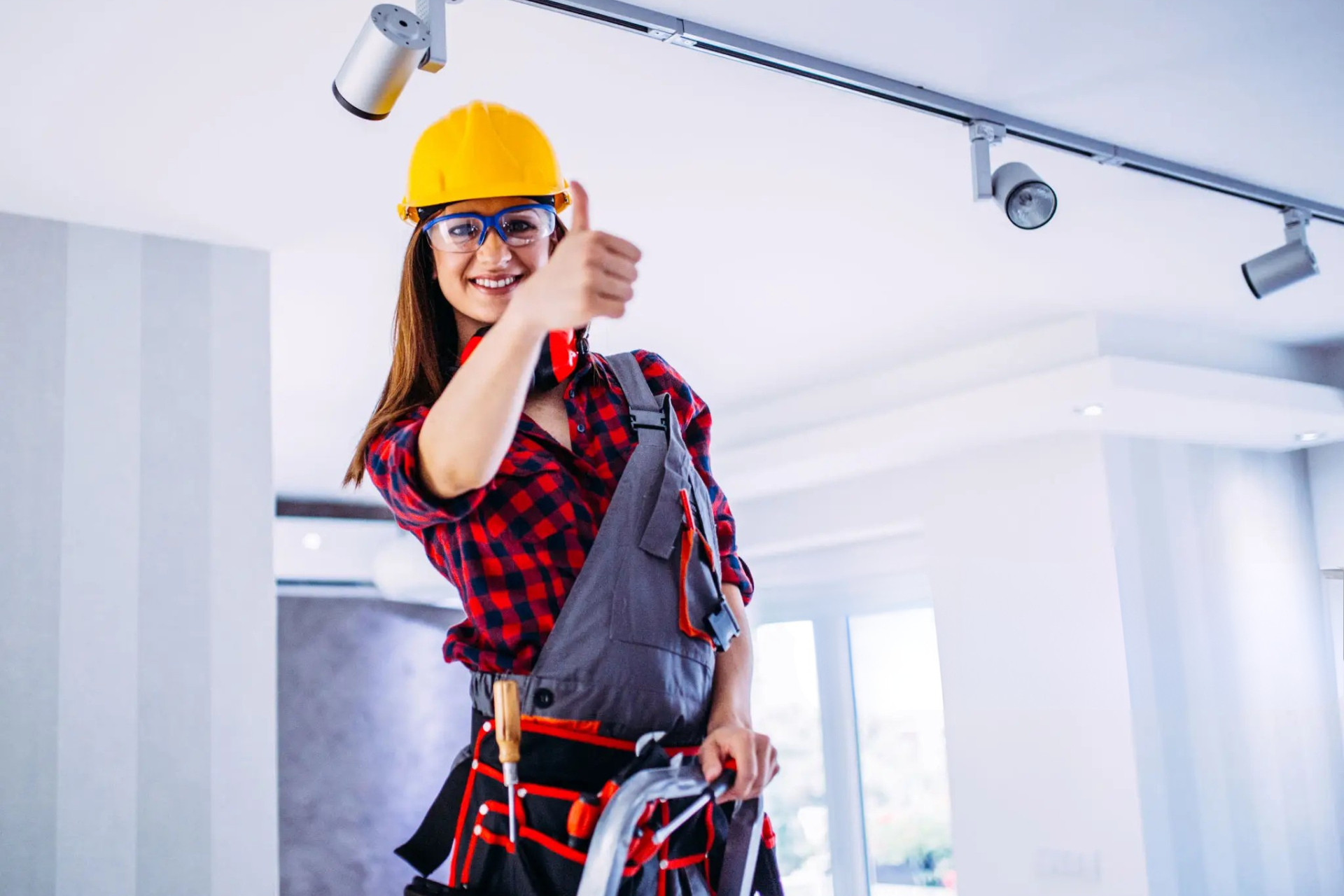 Female electrician wearing a yellow hard hat, safety glasses, and tool belt, standing on a ladder indoors and giving a thumbs-up while working near ceiling lights.