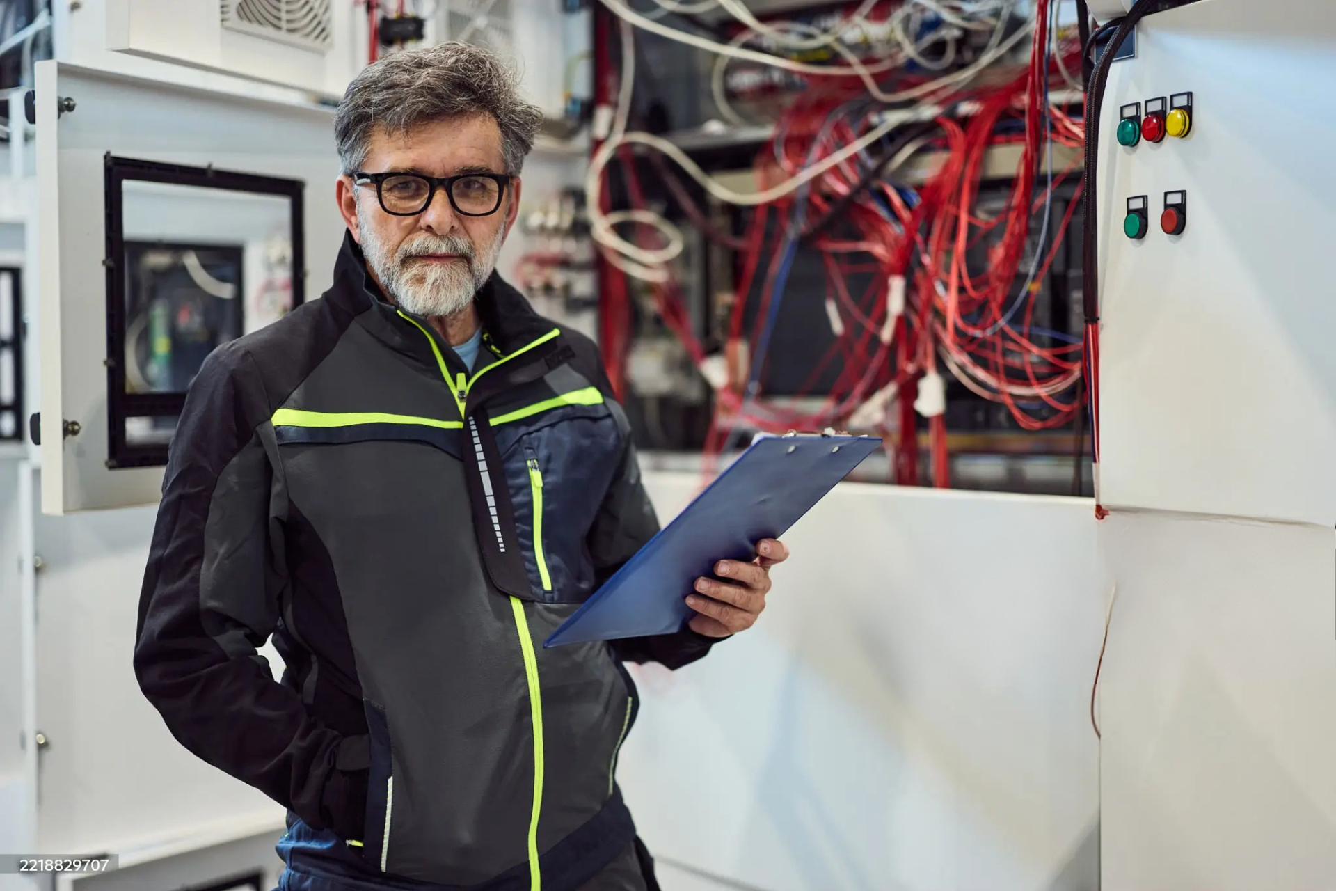 "Electrician standing with a clipboard, wearing a safety jacket and glasses, in front of a control panel filled with red and white electrical wires."
