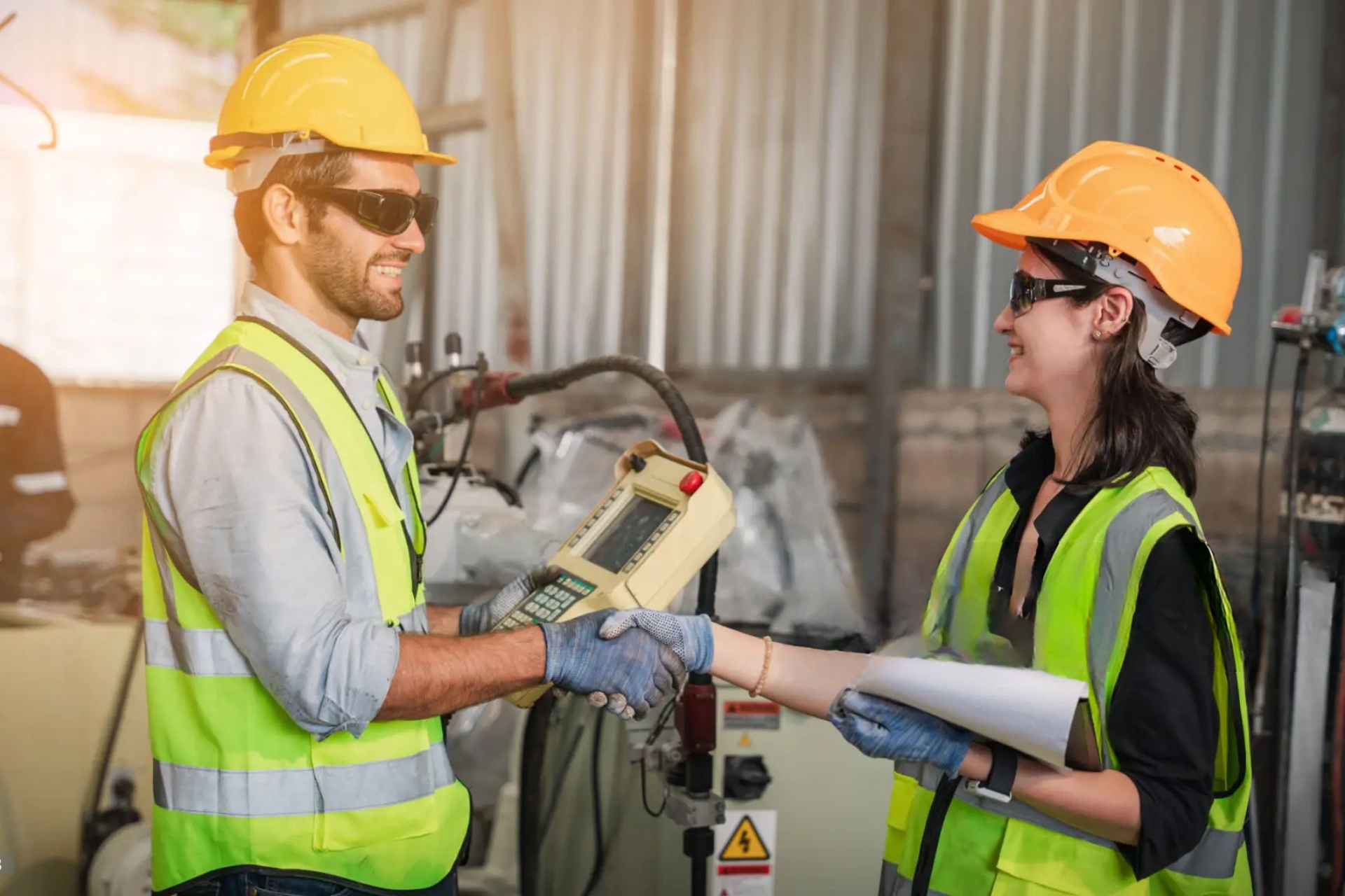 Two construction workers, a man and a woman, shaking hands while wearing safety vests, helmets, and gloves in an industrial setting. The man is holding a device, and the woman is holding a rolled blueprint