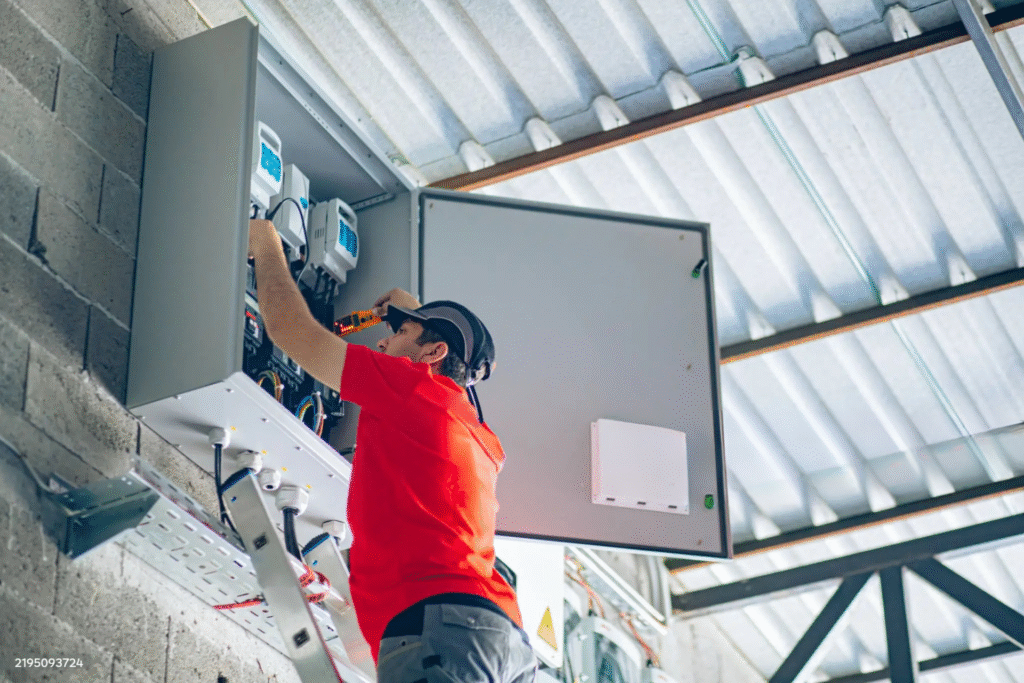 "Electrician wearing a red shirt and helmet, working on a large electrical panel with inverters and wiring, standing on a ladder in a warehouse."