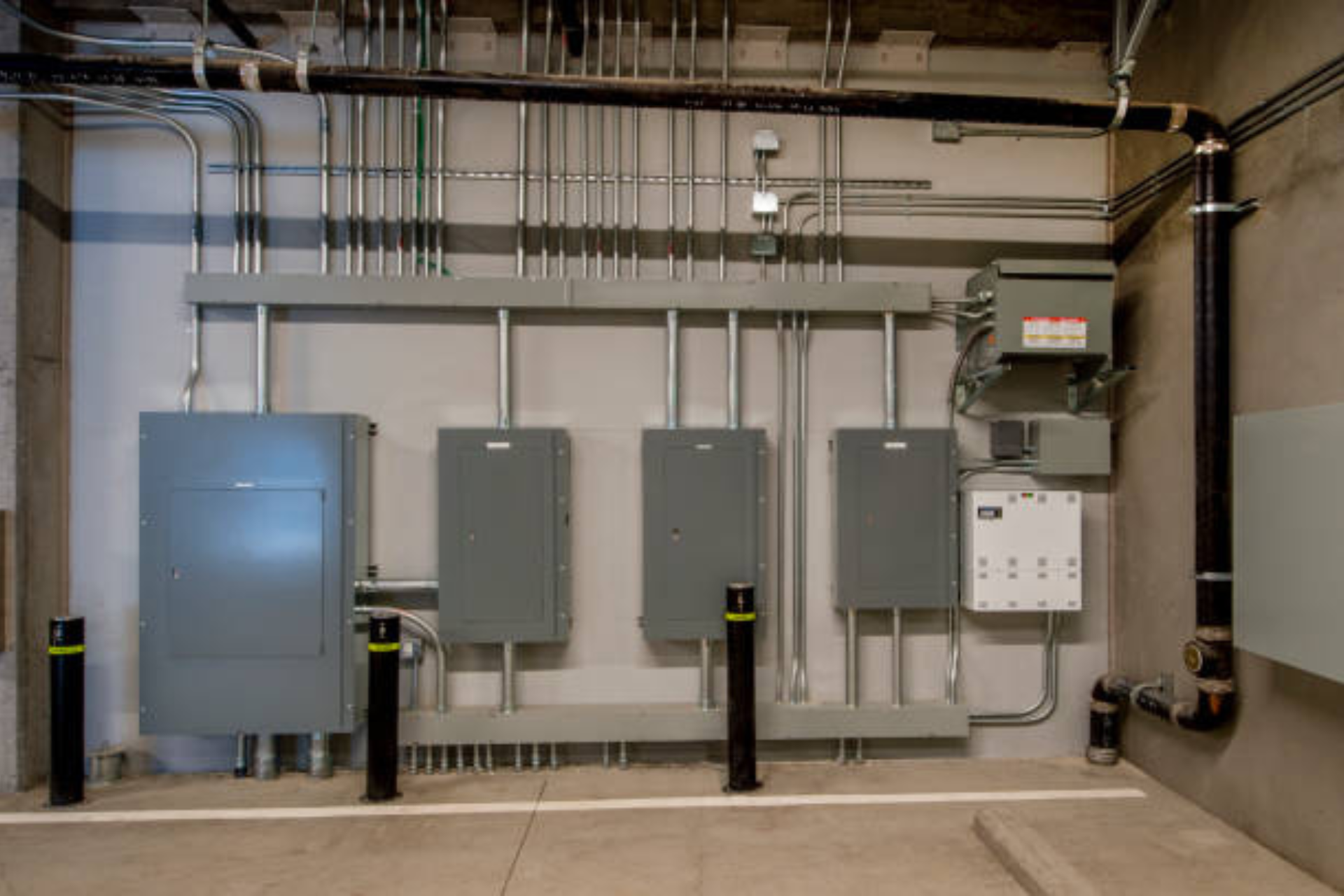 Industrial electrical setup featuring three gray electrical panels, exposed wiring, black bollards with yellow markings, and pipes on a concrete wall in a commercial space.