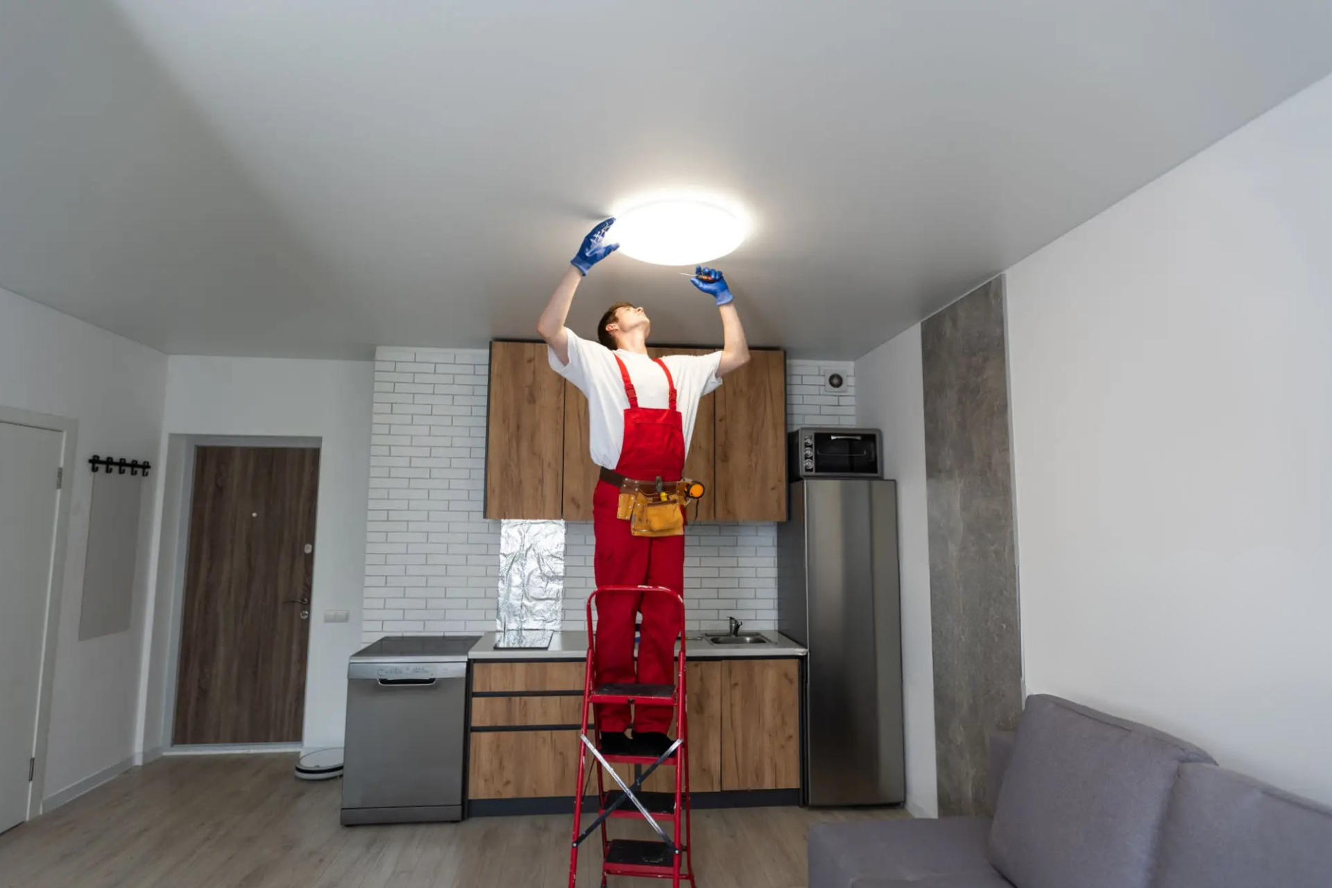 "Electrician wearing red overalls and gloves, standing on a ladder to install or repair a ceiling light in a modern kitchen."