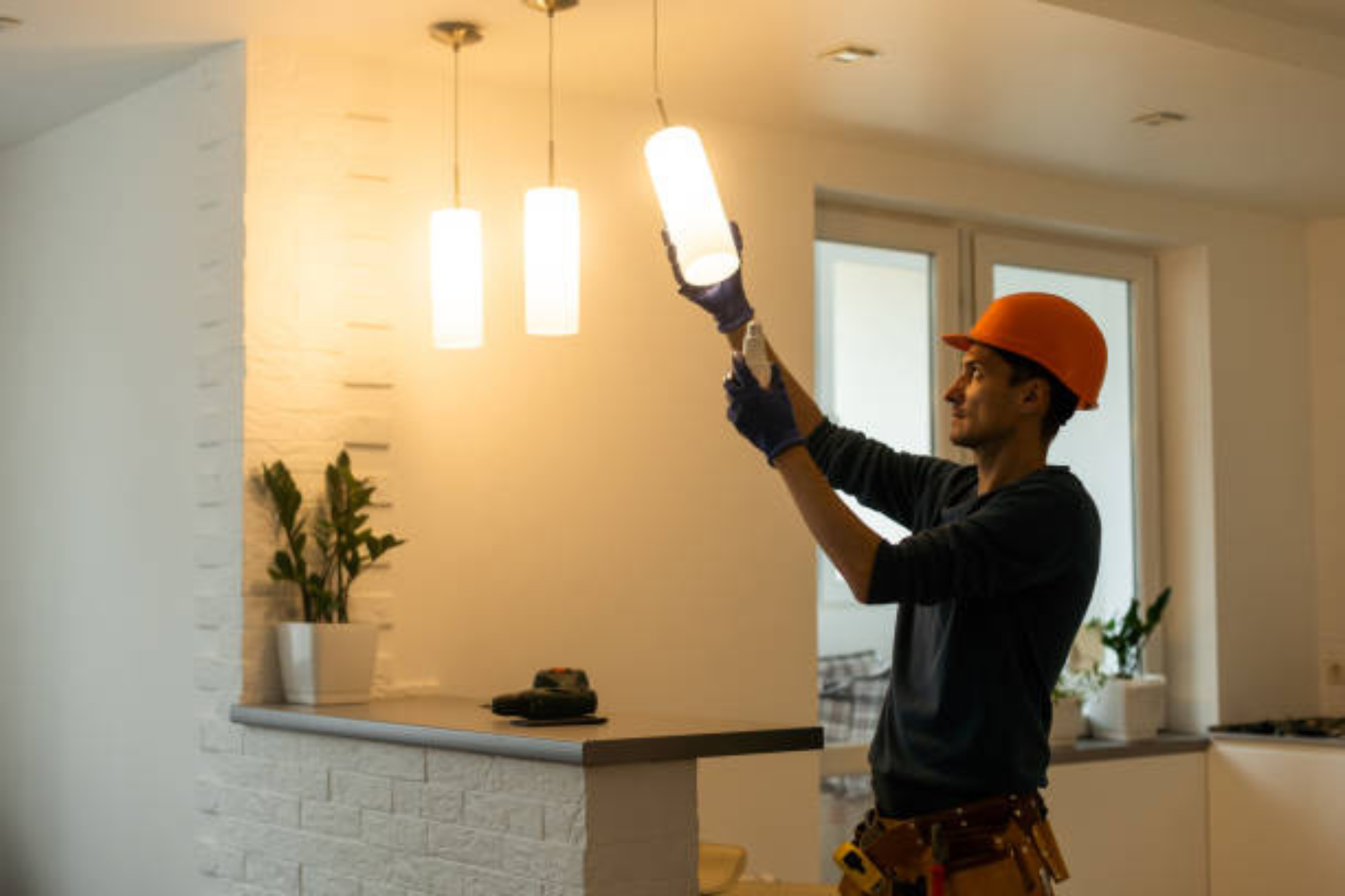"Electrician wearing an orange helmet and gloves installing pendant lights in a modern living space."